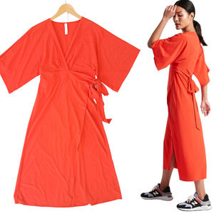 Athleta Calistoga Coverup Midi Maxi Wrap Dress Kimono Sleeve Orange Large